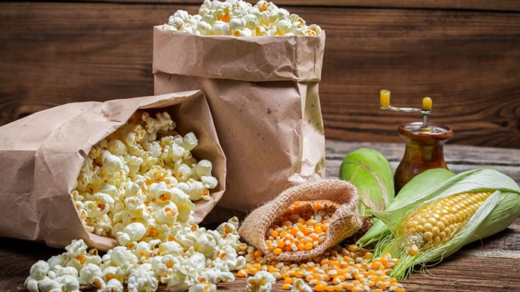 Popcorn in paper bags and kernals in a corn sack